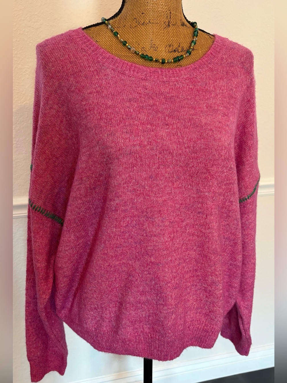 Sundry Marled Fuchsia Pink Contrast Green Stitch Oversized Sweater Size XL